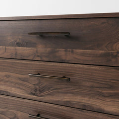 6 Drawer Double Dresser Keeps your Home Decor Grounded While Elevating your Modern Style Walnut Wood Grain and Burnished Goldtone Handles