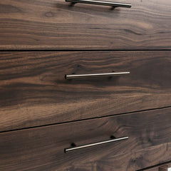 6 Drawer Double Dresser Keeps your Home Decor Grounded While Elevating your Modern Style Walnut Wood Grain and Burnished Goldtone Handles