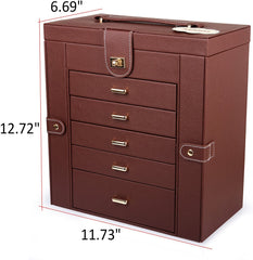 Leather Jewelry Box Case Storage Brown 5 Removable Drawers For Maximum Jewelry Storage. The Deeper Bottom Drawer Has Only One Compartment