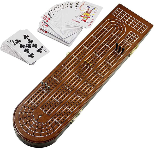 Wood Cribbage Board Game Set 3 Tracks with Metal Pegs Cards, Storage Area This three-track Cribbage Game is Played By 2 to 3 People. Players