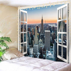 Tapestry Skyline Sunset Midtown New York City Window  Wall Hanging Home Decor Bedroom 59" x 78