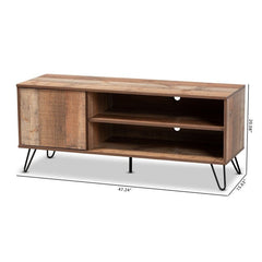 TV Stand for TVs up to 50" Additional Storage Space is Found Behind One Door. Black Metal Hairpin Legs Add A Cool, Modern Feel