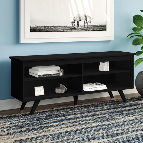 Black TV Stand for TVs up to 65" Four Open Compartments Act As Stages for DVD Players, Video Games, and More While Cable Management