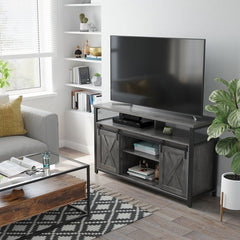 Charcoal Gray Black TV Stand for TVs up to 65" 2 Open Compartments and A Large Shelf Under the Tabletop