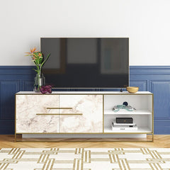 White TV Stand for TVs up to 70" Two Cabinet Doors Open with Elegant Metal Handles To Reveal An Interior Space with A Shelf for Storing DVDs