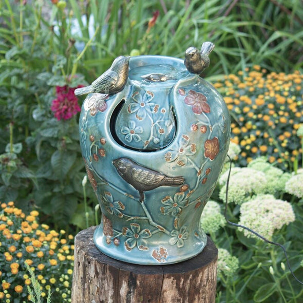 Laurelei Ceramic Verdigris Songbird Fountain Light These Songbirds Dance Along the Edge of The Light. A Rich Covered This Birdbath Style