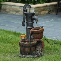 Resin Fountain Give your Garden or Patio a Whimsical Touch with the Rustic Water Pump, and Two Birds Perched, Outdoor Polyresin Fountain