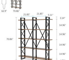 Double Wide 5-Shelf Bookshelf, Rustic Industrial Display Shelves Contemporary Design Meets Rustic Industrial Style - Brown