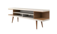 Nynashamn 70.47-inch TV Stand with Splayed Wooden Legs and 4 Shelves The Mid-Century Modern Style of this Natural Wood and Cream