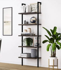 5-Shelf Wood Ladder Bookcase with Metal Frame Modern Tall Display Shelf Racks - Brown Perfect Storage for Any Space, Like Living Room