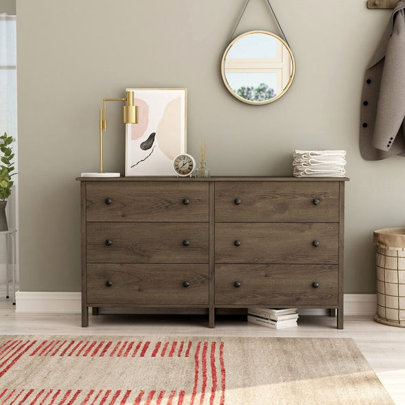 Distressed Walnut Dresser - 6-drawer Gliding Drawers Provide Plenty of Space for your Clothing and Must-Have Items Ball Bearing Metal Glides