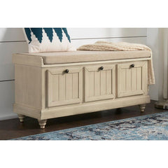 Antique White Hemmer Upholstered Flip Top Storage Bench Pulling Double Duty As A Sitting and Storage Area for your Entryway or Bedroom