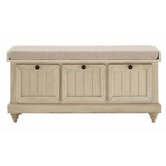 Antique White Hemmer Upholstered Flip Top Storage Bench Pulling Double Duty As A Sitting and Storage Area for your Entryway or Bedroom