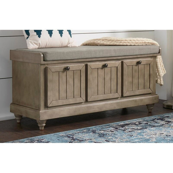 Antique Gray Hemmer Upholstered Flip Top Storage Bench Pulling Double Duty As A Sitting and Storage Area for your Entryway or Bedroom