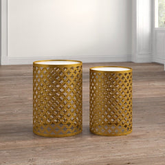 Drum Nesting Tables Set of Two Cylindrical Tables is Crafted From Metal with A Gold Finish for A Pop of Glamour Wherever They Rest