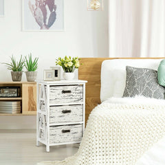 3 Drawer Solid Wood Nightstand  Fit Bedroom and Living Room Use. Featuring 3 Removable Fabric Drawers and Spacious Tabletop