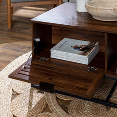 Dark Walnut Sled Coffee Table with Storage Two Open Compartments for Easy Access Organization Piece for your Living Room