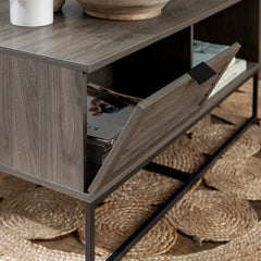 Slate Gray Sled Coffee Table with Storage Two Open Compartments for Easy Access Organization Piece for your Living Room