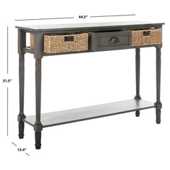 Gray Solid Wood Console Table for Any Entry Hall. Finished Pine Beautifully Highlights Two Woven Rattan Pull-Out Baskets