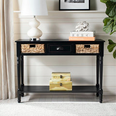 Distressed Black Solid Wood Console Table for Any Entry Hall. Finished Pine Beautifully Highlights Two Woven Rattan Pull-Out Baskets