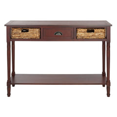 Dark Cherry Solid Wood Console Table for Any Entry Hall. Finished Pine Beautifully Highlights Two Woven Rattan Pull-Out Baskets