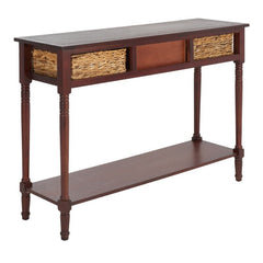 Dark Cherry Solid Wood Console Table for Any Entry Hall. Finished Pine Beautifully Highlights Two Woven Rattan Pull-Out Baskets