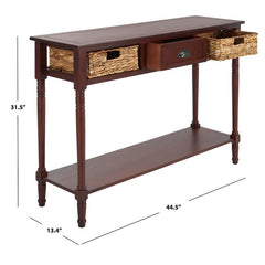 Dark Cherry Solid Wood Console Table for Any Entry Hall. Finished Pine Beautifully Highlights Two Woven Rattan Pull-Out Baskets