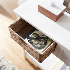 Distressed White Solid Wood Console Table for Any Entry Hall. Finished Pine Beautifully Highlights Two Woven Rattan Pull-Out Baskets