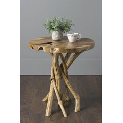 Brown Pedestal End Table Natural Beauty of Teak is on Display with this Rustic Live Edge Table. Perfect Next To A Sofa, Beside A Bed