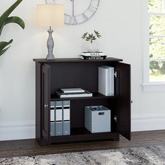 Espresso Oak 2 Shelf Accent Cabinet Organized Any Home Office or Living Space Two Cabinet Doors with Smooth Euro-Style Hinges Open to Reveal