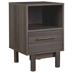 1 - Drawer Nightstand in Warm Gray Creates A Modern Sense of Harmony in your Room Goldtone Handles Add An Authentically Modern Touch