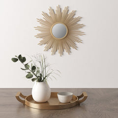 Gold Accent Mirror Redesign your Space With This Mirror. A Stylized Iron Frame is Finished with Gold Foil Hanging On your Wall