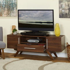 Walnut TV Stand for TVs up to 65" Great Pick For Refreshing Your Living Room Look. Its Slanted Legs and Low Profile Silhouette