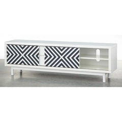 White/Black Altermease Solid Wood Tv Stand with Cable Management Geometric Design