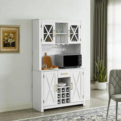 Solid Wood White Bar Cabinet Adjustable Shelves 9 Wine Rack Bottles