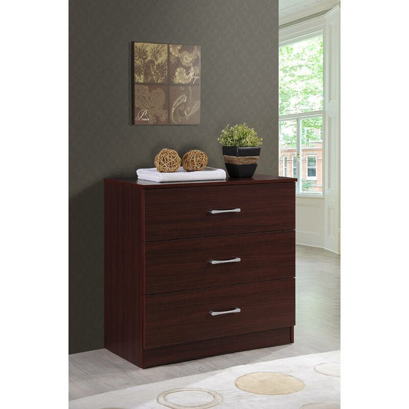 Mahogany 3 Drawer Dresser Three Drawers with Silver-Finished Bar Pulls for Contemporary Appeal Perfect for Organize