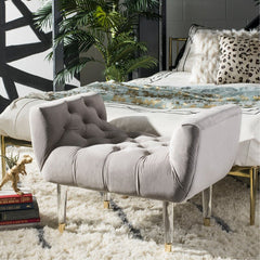 Upholstered Bench Acrylic Legs with Brass Capped Feet Velvet Upholstery with Tufting