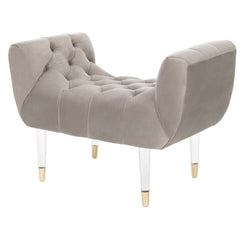 Upholstered Bench Acrylic Legs with Brass Capped Feet Velvet Upholstery with Tufting