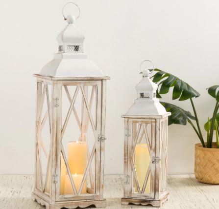 Farmhouse Wooden Metal Lanterns Set of Two - White Decorative Candle Lantern