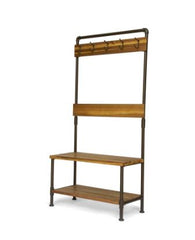 Outdoor Industrial Acacia Wood Bench with Shelf and Coat Hooks - Teak