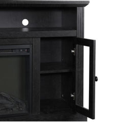 Garnett Electric Fireplace TV Console - Black Two Open Shelves, Two Glass Cabinets, and an Electric Fireplace