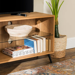 52-inch Mid-Century TV Console - English Oak Adjustable Shelving Provides Customized Storage for Media Consoles