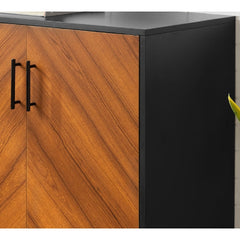 Modern Media Cabinet - Black / Acorn Bookmatch 4 Tapered Metal Legs with Adjustable Rubber Feet