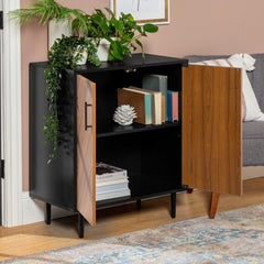 Modern Media Cabinet - Black / Acorn Bookmatch 4 Tapered Metal Legs with Adjustable Rubber Feet