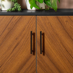 Modern Media Cabinet - Black / Acorn Bookmatch 4 Tapered Metal Legs with Adjustable Rubber Feet