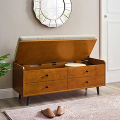 Upholstered Seat Storage Bench - Acorn / Tan The Upholstered Cushion Rests Atop the Lid to Provide Extra Seating on your Way in and Out the Door