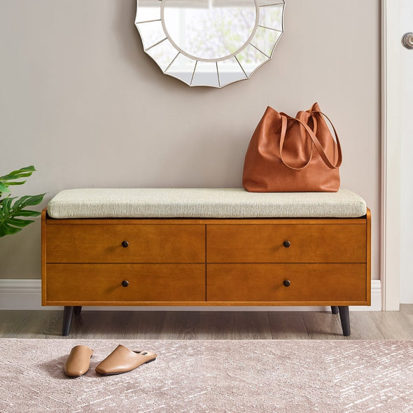 Upholstered Seat Storage Bench - Acorn / Tan The Upholstered Cushion Rests Atop the Lid to Provide Extra Seating on your Way in and Out the Door