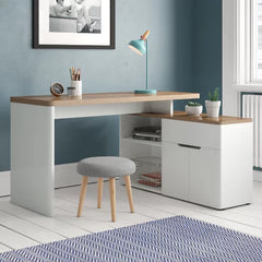 Oak White L-Shape Desk Solid Manufactured Wood Perfect For Storage space