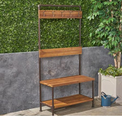 Outdoor Industrial Acacia Wood Bench with Shelf and Coat Hooks - Teak