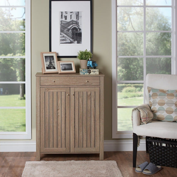 4-Shelf Shoe Cabinet Oak Two-Door Cabinet with Four Adjustable Shelves to Organize